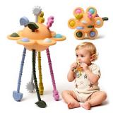 Little Rawr Silicone Baby Sensory Montessori Toys & Pull String Toys for 18 M+, Toddler Birthday Gift Car Seat Airplane Travel Toy for 1 2 Year Old Boy Girl Infant 18 Months Old (Orange)