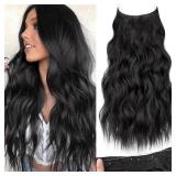 KooKaStyle Invisible Wire Hair Extensions with Transparent Headband Adjustable Secure Clips Black Long Wavy Synthetic Hairpiece for Women