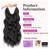 KooKaStyle Invisible Wire Hair Extensions with Transparent Headband Adjustable Secure Clips Black Long Wavy Synthetic Hairpiece for Women