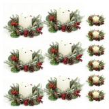 6Pcs Christmas Candle Rings Wreaths, Small Christmas Wreath with Glasses and Plastic Candles with Snowy Pinecone&Red Berry, Mini Candle Holders for Table Centerpiece (6, Red2)