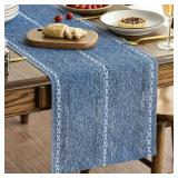 Artoid Mode Blue Rustic Cotton Linen Table Runner, Seasonal Embroidered Hollow Kitchen Dining Table Decoration for Home Party Decor 13x72 Inch