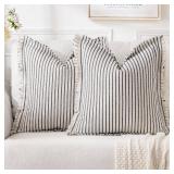 MIULEE Pack of 2 Navy Blue Pillow Covers 18x18 Inch Striped Farmhouse Couch Throw Pillow Covers with Fringe Chic Linen Decorative Cushion Covers for Sofa Living Room Bed Outdoor Home Decor