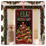 Feliz Navidad Door Cover,Christmas Tree Photo Backdrop,Mexican Christmas Winter Xmas Holiday Decorations and Supplies for Home Party Decor-71x36