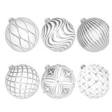 Lanpn 6 Pcs 6 Large Christmas Balls Ornaments, Outdoor Xmas Tree Hanging Decorations, Shatterproof Christmas Ball Ornament Set for Home Winter Holiday, Assorted Relief Pattern, White & Silver