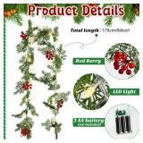 Spiareal 5.74 ft Christmas Garland with Light Christmas Lighted Pine Garland Prelit Battery Operated Cedar Pine Cone Red Berry Greenery for Mantle Fireplace Decor(2 Pcs)