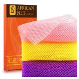 UJFQBH 3 Pieces African Bath Sponge African Net Long Net Bath Sponge Exfoliating Shower Body Scrubber Back Scrubber Skin Smoother,Great for Daily Use (Pink,Yellow,Purple)