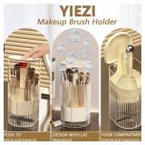YIEZI Makeup Brush Holder with Lid, One-Hand Press Open/Close Mechanism Cosmetic Tools Organizer, Clear Waterproof Dustproof Make Up Storage for Vanity, Bathroom Countertop-Cream-Silver Ball