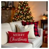 PANDICORN Christmas Pillow Covers 12x20 Set of 2, Merry Christmas Believe Red Throw Pillow Cases, Outdoor Xmas Farmhouse Decorations Holiday Lumbar Decorative Cushion Cases for Sofa Couch Decor