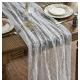 Artoid Mode White Silver Gauze Table Runner 120 Inch 10FT, Glitter Metallic Foil Sheer Dining Holiday Wedding Anniversary Birthday Table Decor for Home Party
