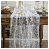 Artoid Mode White Silver Gauze Table Runner 120 Inch 10FT, Glitter Metallic Foil Sheer Dining Holiday Wedding Anniversary Birthday Table Decor for Home Party