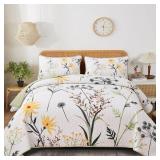 Dobuyly Sage Green Floral Quilt Set Queen Size, Yellow White Botanical Flower Quilt 3 Pieces Spring Bedspread Coverlet Set, Soft Lightweight Microfiber Bedding Set for All Season, 96x90