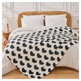FY FIBER HOUSE Heart Flannel King Blanket Soft Cozy Blankets for Lover Gifts All Season Use, 90x108 Inches, Black White