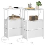 TUTOTAK Small Narrow End Table with Charging Station, Set of 2, Side Table with Outlets, Nightstand with 2 Cloth Drawers, Couch Table, for Living Room, Bedroom, Bedside, White TB01BW055 ONE BOARD DAMA