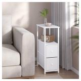 TUTOTAK Small Narrow End Table with Charging Station, Set of 2, Side Table with Outlets, Nightstand with 2 Cloth Drawers, Couch Table, for Living Room, Bedroom, Bedside, White TB01BW055 ONE BOARD DAMA