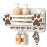 MTERSN Farmhouse Dog Leash Holder for Wall - Cute Dog Accessories Storage Organizer with Floating Shelf and 6 Key Hooks Key Holder Wall Mount for Rustic Home Decor (White)