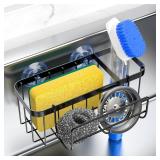 HOKEMOM 3-in-1 Kitchen Sink Caddy Organizer with Sponge Holder, Brush Holder, Extra Rack for Scrubber, Sink Stopper, Dish Cloth Hanger - Strong Dual Suction Cup, 2.0mm SUS304 Stainless Steel - Black