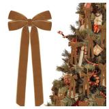 12Pcs Vintage Velvet Ribbon Bows Christmas Tree Decorations,5in x 10in Brown Xmas Ornaments for Tree Home Party Front Door Wreath Holiday Decor