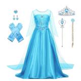 AHLPO Elsa Dress for Girls Princess Dress Up Halloween Cosplay Elsa Costume Fancy Dress Birthday Outfit with Accessories