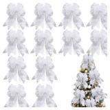 12 Pieces Christmas Tree Ribbon Bow 6.3 x 9.5 Inch Patterned Ribbon Xmas Bow for Christmas Home Decoration (Silver)