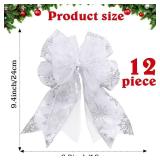 12 Pieces Christmas Tree Ribbon Bow 6.3 x 9.5 Inch Patterned Ribbon Xmas Bow for Christmas Home Decoration (Silver)
