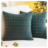 AQOTHES Pack of 2 Christmas Plaid Decorative Throw Pillow Covers Scottish Tartan Cushion Case for Farmhouse Home Holiday Decor Green and Blue, 20 x 20 Inches