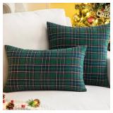 AQOTHES Pack of 2 Christmas Plaid Decorative Throw Pillow Covers Scottish Tartan Cushion Case for Farmhouse Home Holiday Decor Green and Blue, 20 x 20 Inches