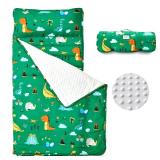 beeweed Toddler Nap Mat, Rollup Design Kid Sleeping Mat with Removable Pillow & Minky Blanket, Toddler Sleeping Bag for Daycare Preschool Travel Camping, Dinosaur