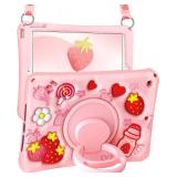 Boaretiu for iPad 9th/8th/7th Generation 10.2 Inch Case (2021/2020/2019) - Soft Silicone Cute Cartoon with Shoulder Strap & Rotating Stand Kawaii for Women Girls Girly Teens Cover, Strawberry