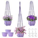 Checrxy Macrame Plant Hanger with Pot, 3 Set Hanging Planters for Indoor Plants, Handmade Cotton Rope Boho Home Decor, Idea Gift for Anyone, Includes Plant Holders, Pots, Plates and Hooks (Purple)
