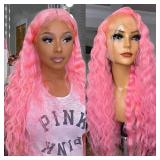 QMSSR Pink Lace Front Wigs Synthetic Long Wavy Hair Glueless Lace Wig for Fashion Women Pastel Pink Synthetic Lace Front Wigs Pre Plucked Natural Hairline