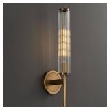 fansimone 18.9 Solid Brass Wall Sconce with Ribbed Groove Glass Tube - Gold Wall lamp Includes Bulbs - Modern Brushed Copper Wall Sconces for Bathroom, Living Room, Hallway, Staircase, Mirror