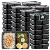 Ferrochef 100 Pack 25oz Meal Prep Containers Disposable with Lids 2 Compartment Food Containers Lidded Leak-proof Lunch Boxes Disposable Plastic Bento Box for Microwave Refrigerator Dishwasher Safe