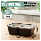Ferrochef 100 Pack 25oz Meal Prep Containers Disposable with Lids 2 Compartment Food Containers Lidded Leak-proof Lunch Boxes Disposable Plastic Bento Box for Microwave Refrigerator Dishwasher Safe