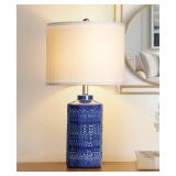 JUNNAI 24.5 Navy Blue Table Lamp Modern Bedside Ceramic Lamps for Living Room 3-Way Dimmable Entryway Nightstand Farmhouse Lamp for Home Office Bedroom, Bulb Included