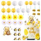 MEMOVAN Winnie Bear Cake Topper Winnie Baby Shower Cake Decorations Pooh Bear Toppers Yellow White Balls Cupcake Picks with Classic Pooh Bees Daisys Flowers for Oh Baby Bee Theme Shower Birthday Party