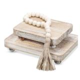 Capoda 3 Pcs Wood Risers for Decor Mini Wooden Pedestal Stands with Wood Bead Garland Farmhouse Vintage Rustic Decor Risers Stackable Kitchen Stand Tray for Home Bathroom Coffee Bar Table