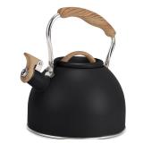 Tea Kettle, Vegoran 100 OZ / 3 Liter Whistling Tea Kettle, Tea Pots for Stove Top Food Grade Stainless Steel with Wood Pattern Folding Handle, Loud Whistle Kettle for Tea, Coffee, Milk (Black)