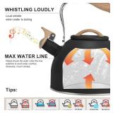 Tea Kettle, Vegoran 100 OZ / 3 Liter Whistling Tea Kettle, Tea Pots for Stove Top Food Grade Stainless Steel with Wood Pattern Folding Handle, Loud Whistle Kettle for Tea, Coffee, Milk (Black)