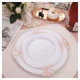 Morejoy 100 Pieces Rose Gold Plastic Plates - Rose Gold Disposable Plates - 10.25inch White Plastic Dinner Plates With Rose Gold Rim for Weddings & Parties & Shower