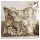 DEZENE Pack of 2 Vintage Floral Throw Pillow Covers 20x20 Boho Farmhouse Accents Chenille Square Decorative Pillow Cases for Living Room Couch Bed Home Decor, Beige