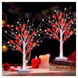 Prelit & Timer - Valentines Day Decorations, 1 Pack 18 Inch Valentines Day Tree Tabletop Lighted Birch Tree 24 LED Red Lights Heart Berries Battery Operated Valentine Decor Home Table Kitchen Party