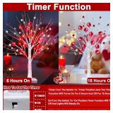 Prelit & Timer - Valentines Day Decorations, 1 Pack 18 Inch Valentines Day Tree Tabletop Lighted Birch Tree 24 LED Red Lights Heart Berries Battery Operated Valentine Decor Home Table Kitchen Party