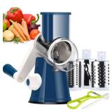 Ourokhome Rotary Cheese Grater Hand Crank, Kitchen Shredder Speed Mandolin Slicer Nut Grinder with Handle and Drum Blades for Cheese, Vegetable, Walnut, Chocolate, Potato, Carrot, 3 Blades, Dark Blue