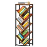 IBUYKE 9 Tier Tree Bookshelf, Floor Standing Wood Bookshelf for Narrow Space, Storage Organizer Bookcase for Books/CDs/Movies, Small Corner Bookcase for Bedroom Living Room,Rustic Brown,TBC002H