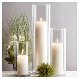 Sandraheer 12-Pack White Pillar Candles with Clear Hurricane Glass Vases - 3-Size Set for Wedding Table Centerpieces, Home Decor | Windproof Candle Holders