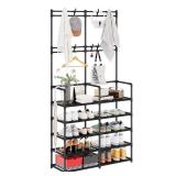 UDEAR 5-Tier Coat and Shoe Rack, Entryway Coat Rack with 8 Hooks, Double Row Shoes Organizer for Living Room, Bedroom, Office, Black