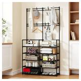 UDEAR 5-Tier Coat and Shoe Rack, Entryway Coat Rack with 8 Hooks, Double Row Shoes Organizer for Living Room, Bedroom, Office, Black