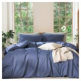 MooMee Bedding Duvet Cover Set 100% Washed Cotton Linen Like Textured Breathable Durable Soft Comfy (Heathered Blue, Queen 90x90)