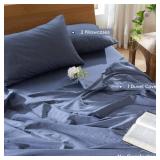 MooMee Bedding Duvet Cover Set 100% Washed Cotton Linen Like Textured Breathable Durable Soft Comfy (Heathered Blue, Queen 90x90)