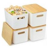 4pk Woven Pattern Plastic Storage Containers with Bamboo Lid White